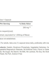 Supplement facts for Puritan's Pride Maca 1000 mg, showing ingredients and serving details.